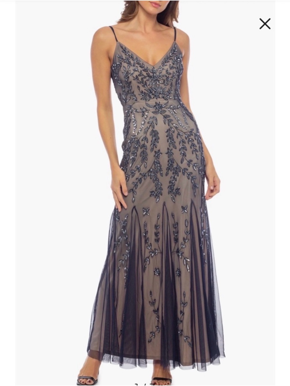 MARINA Navy Beaded Tulle Maxi Dress